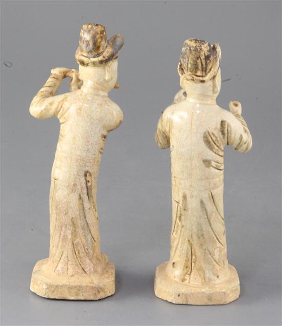 Two rare Chinese Qingbai standing figures of musicians, Song dynasty (11th/12th century), 9 and 8.5cm high, slight faults